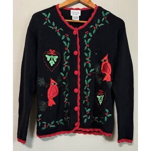 Vtg Christmas Sweater Womens Small Black Holiday Knit Crochet Trim Grannycore
